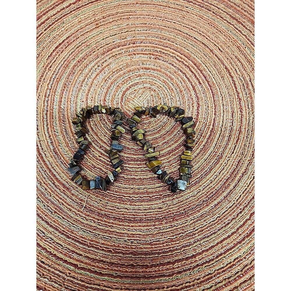 Tiger's Eye Gemstone Bead/Chip Bracelets Set Of 2 On Stretch Cord 7 Inch